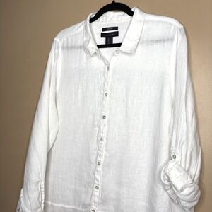 Tahari White 100% Linen Button Down Tunic Shirt Plus Size 1X Roll Tab Sleeve